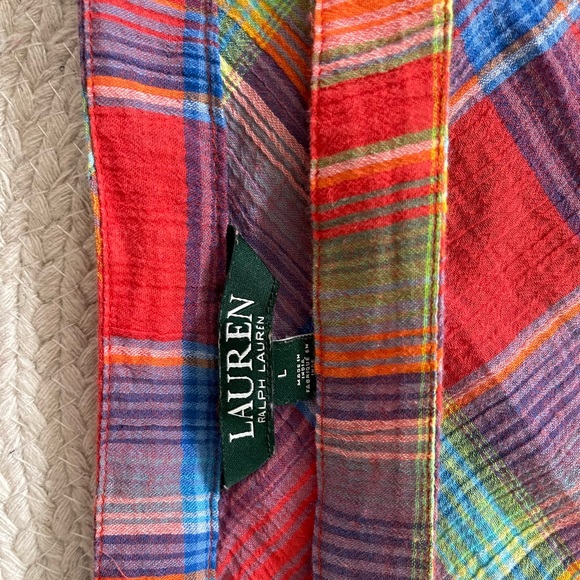 Ralph Lauren 90s y2k Plaid Off Shoulder Blouse Colorful Checkered Preppy - Picture 15 of 16